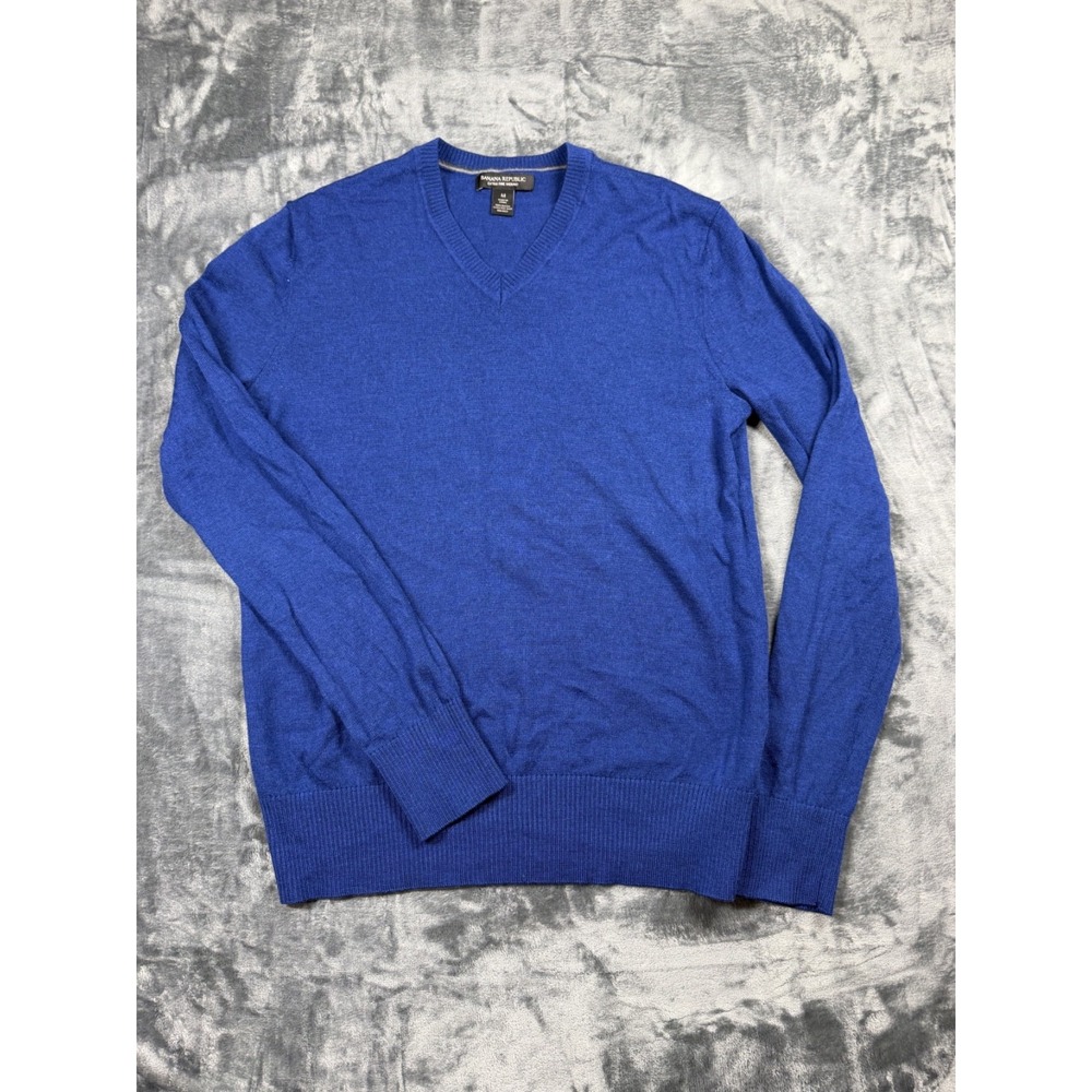 Banana Republic Mens M Extra Fine Merino Wool Sweater Royal Blue V Neck 100%